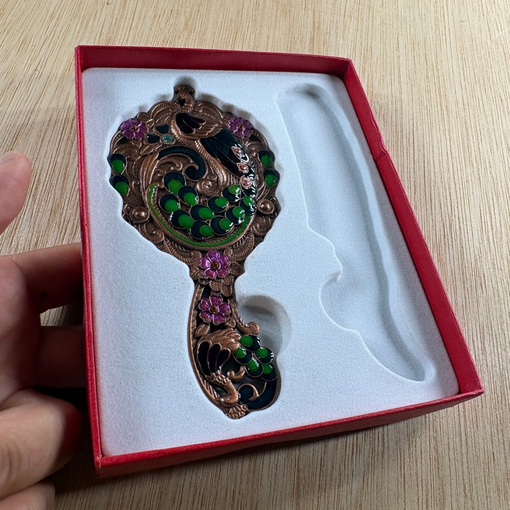 Vintage Style Peacock Enamel Hand Mirror Bronze Tone Ornate Floral Vanity Decor